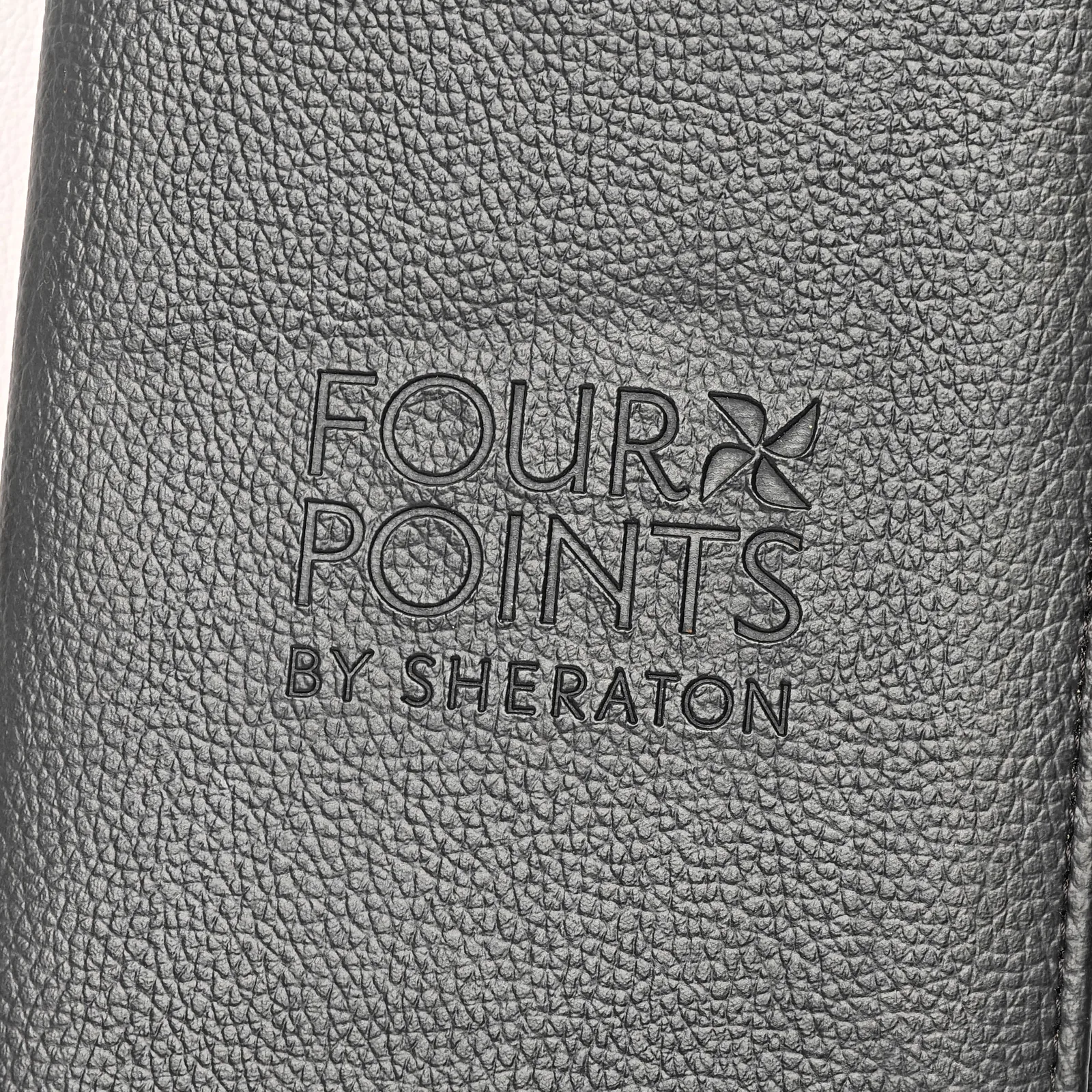 Close-up of pebbled leather texture with embossed lettering
