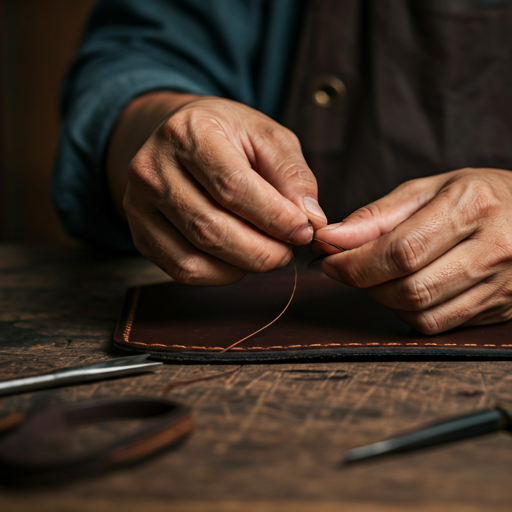 Artisan hands saddle-stitching leather