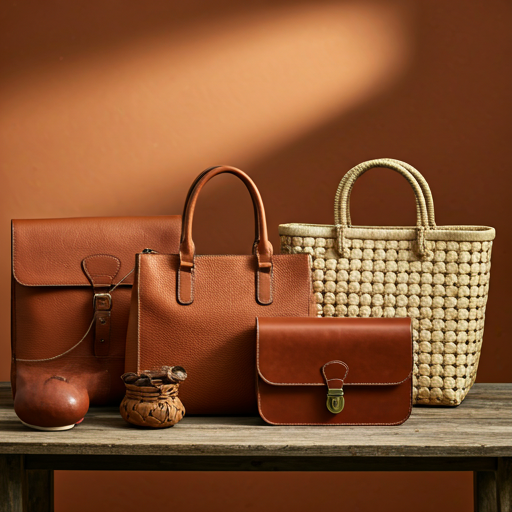 Leather bags and totes arranged on a rustic table