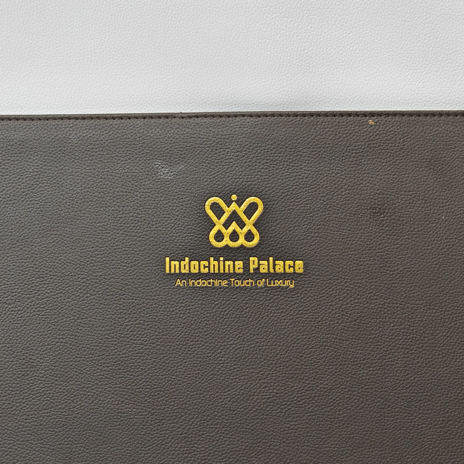 Close-up of a gold foil logo and text on a textured dark brown leather surface.