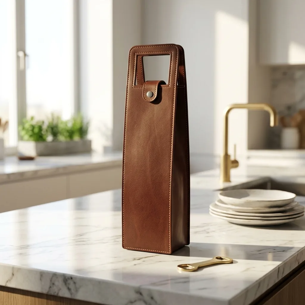 Brown leather wine carrier on a marble kitchen counter in a lifestyle setting.