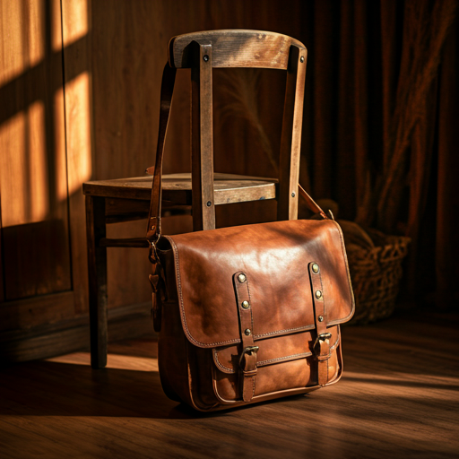 Tan leather messenger bag with antique brass hardware