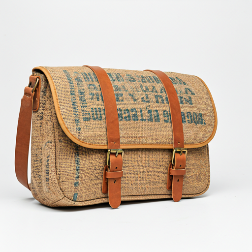 Upcycled rice-sack messenger with tan leather straps
