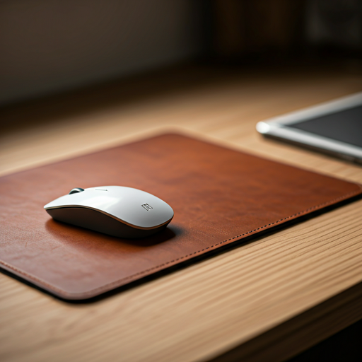 Handcrafted terracotta leather mouse pad on a wooden desk