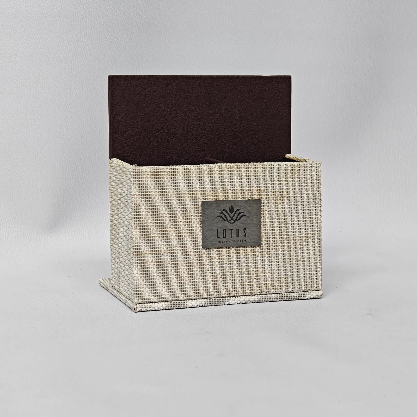 Natural tan canvas A4 menu cover with gold metal nameplate