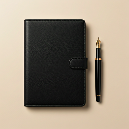 Black leather notebook cover with fountain pen
