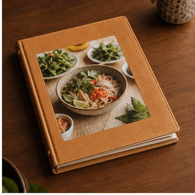 Ruột menu couche cán bóng in hình món Việt trong bìa menu màu nâu