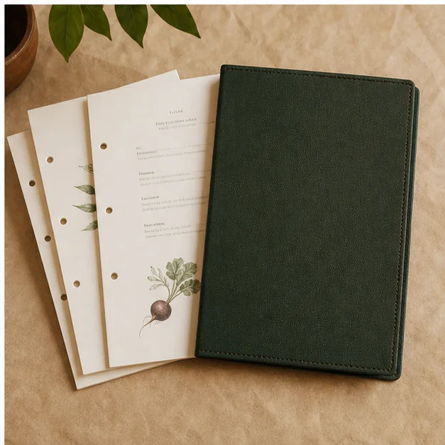 Các lá ruột menu couche đục lỗ đặt cạnh bìa menu xanh rêu