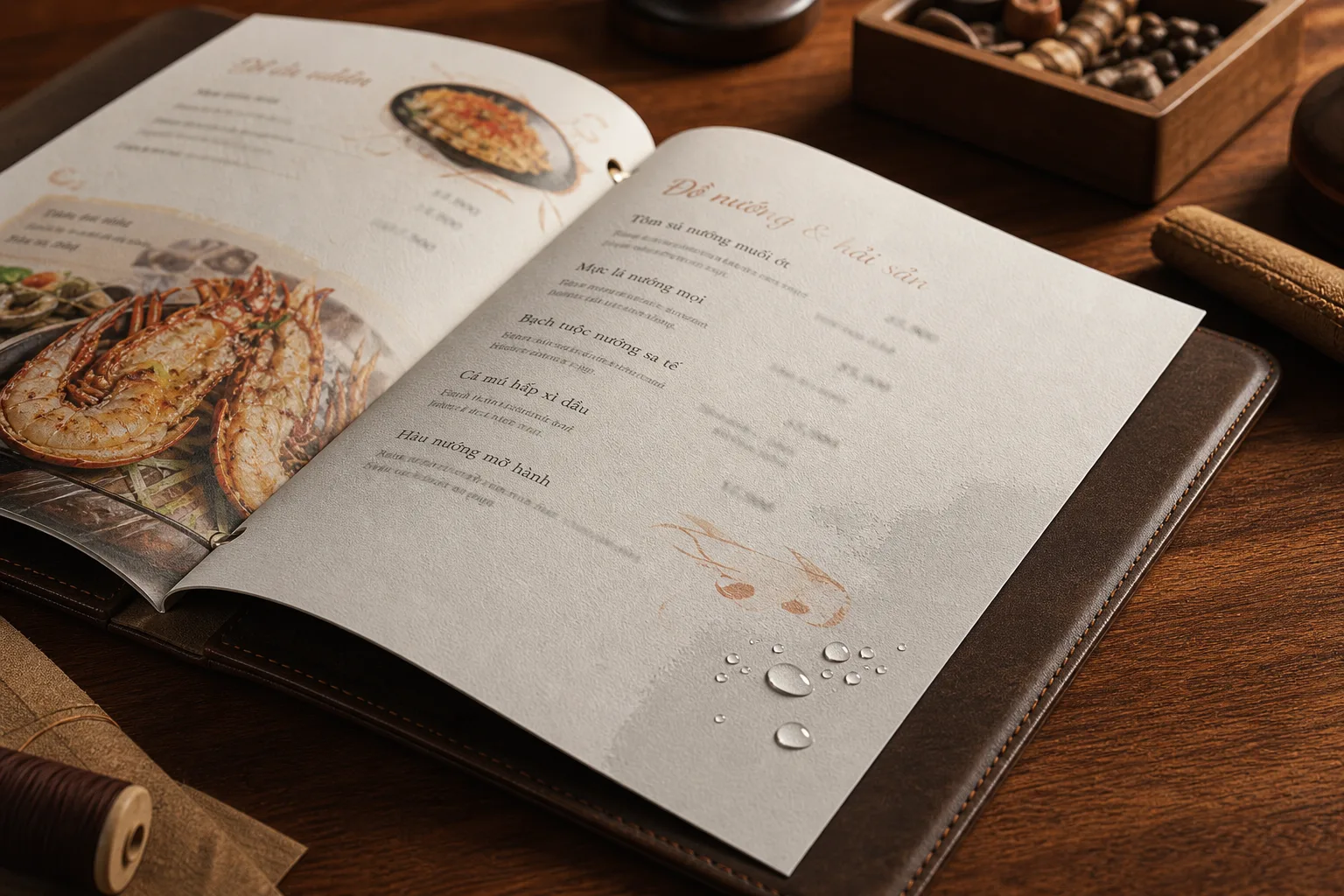 Ruột menu giấy bột đá kháng nước đặt trong bìa menu da màu nâu