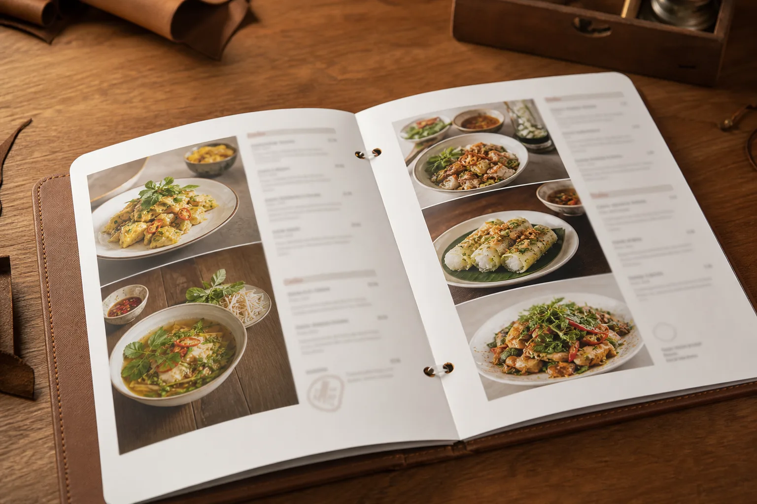 Ruột menu giấy couche cán mờ in hình món Việt trong bìa menu thủ công