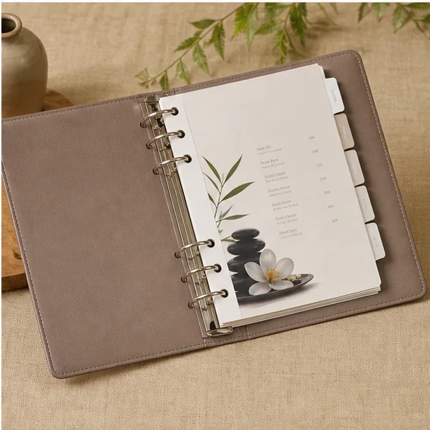 Ruột menu nhựa PVC bìa còng cho spa
