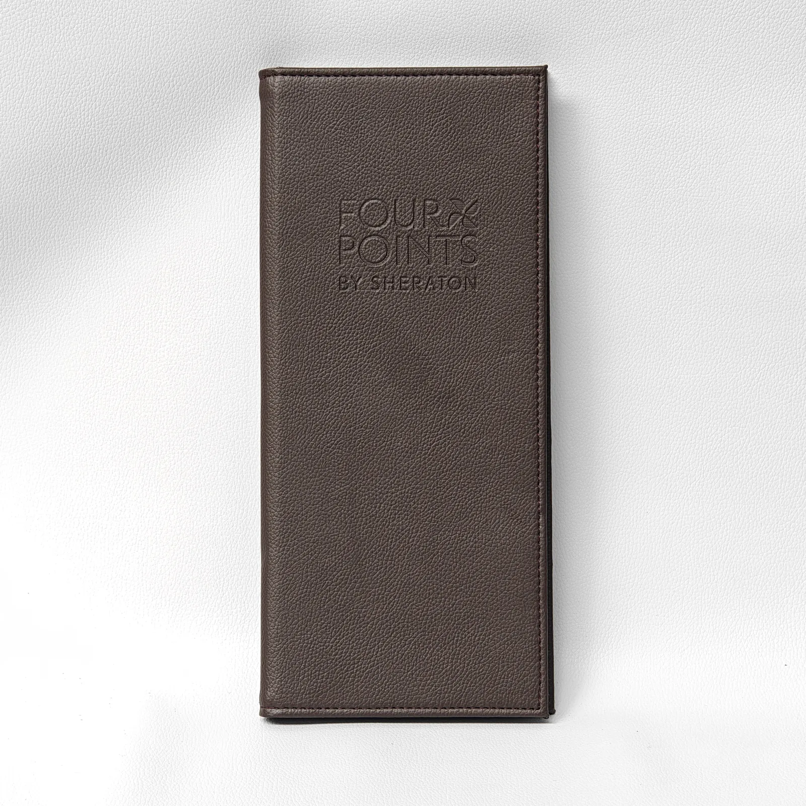 Taupe leather bill presenter tall format with centered blind emboss