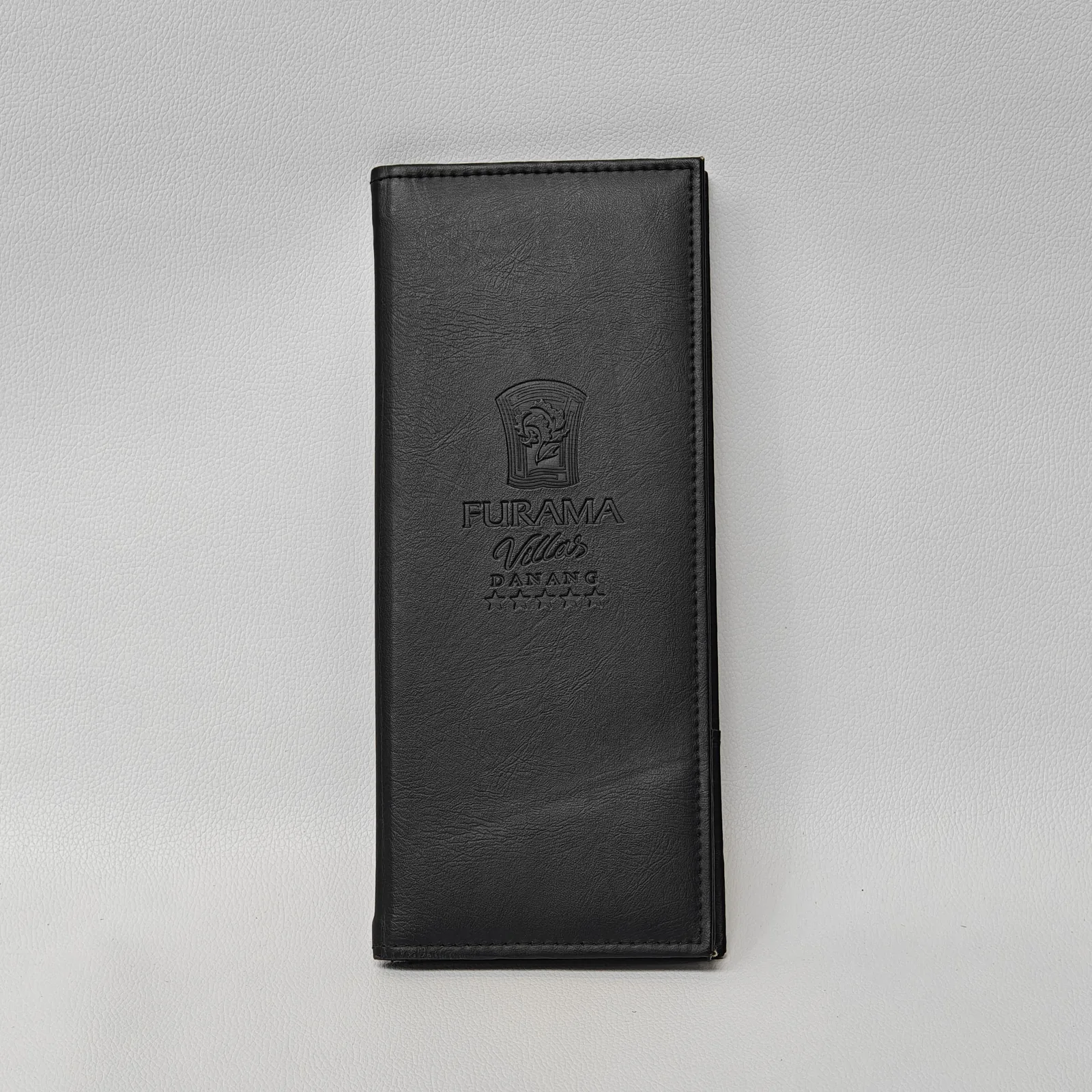 Black leather tall menu holder, front view showing clean finish
