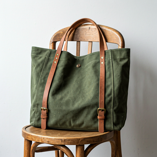 Upcycled canvas tote with leather straps