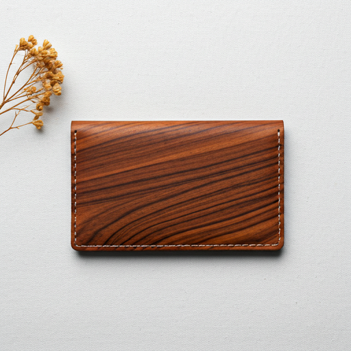 Teak leather bifold wallet laid flat on linen